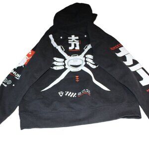 Fabric of the Universe Black Graphic Hoodie with White and Red Accents